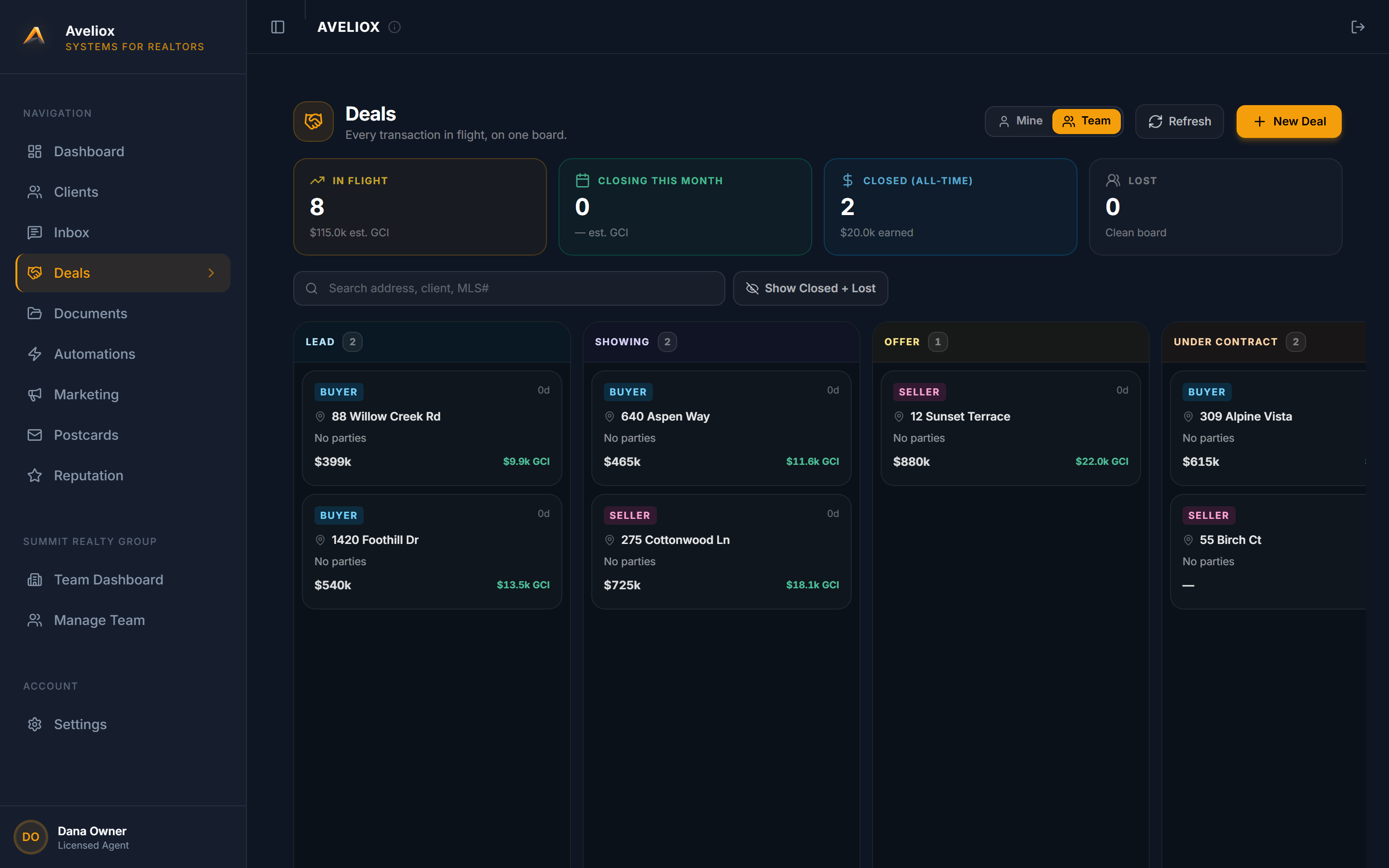 Transaction pipeline — every deal in flight on one board