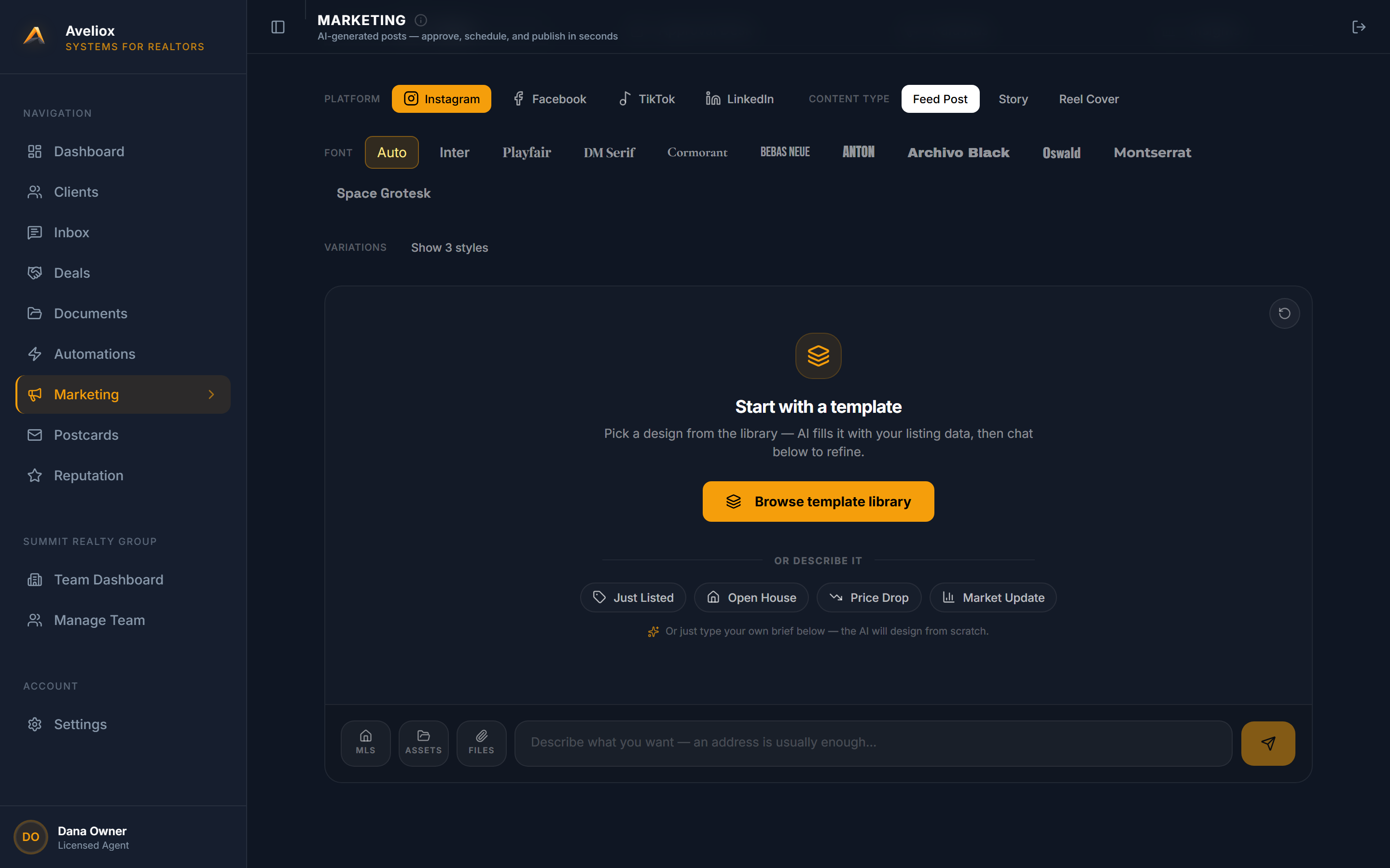 AI marketing studio — designed listing posts in seconds